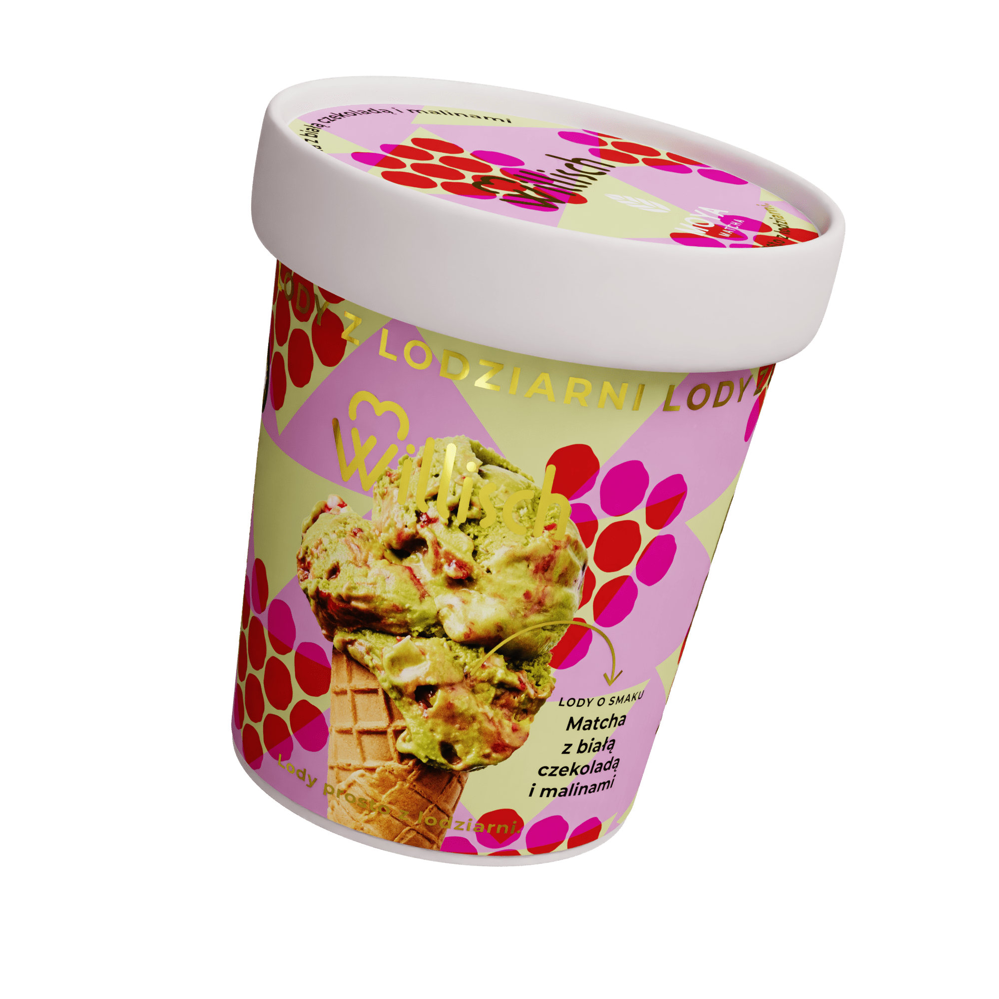 Matcha z białą czekoladą i malinami